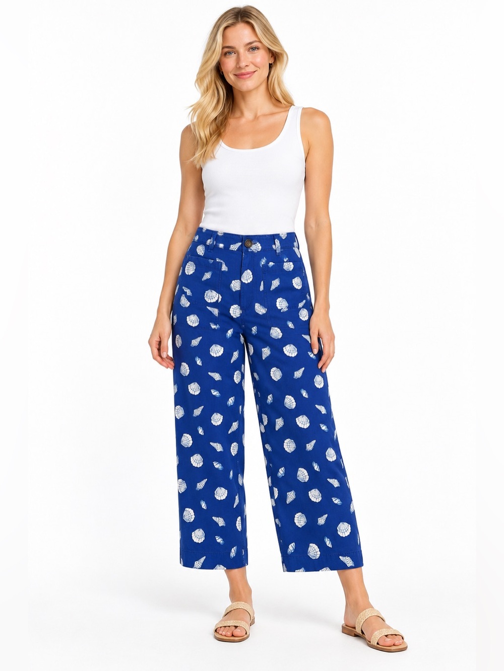 Loft Palmer Wide Leg Size 6 Shell Beach Summer Printed Ankle Pants in Royal Blue